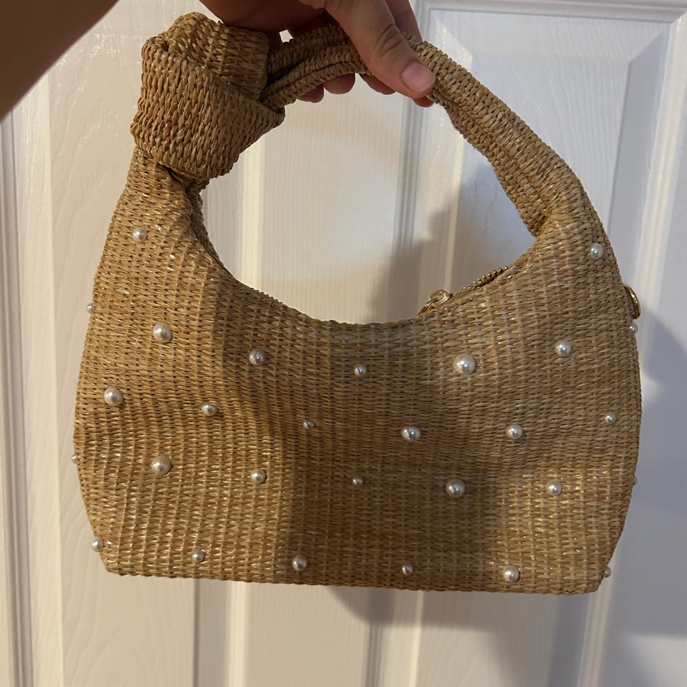 Elegant Tan Woven Handbag with Pearl Accents Bridal/Vacation DSW